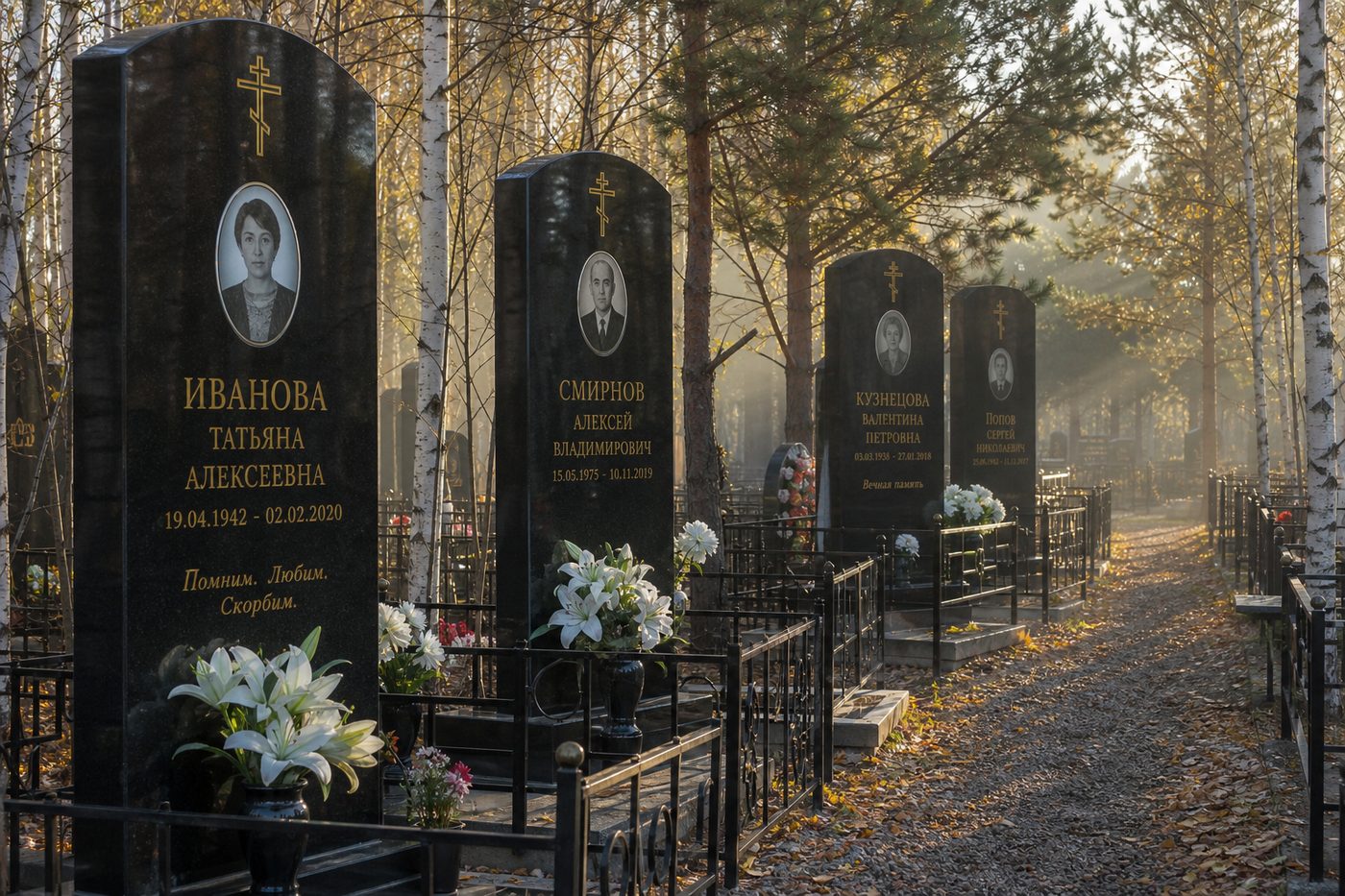 Высокие гранитные памятники на кладбище в Кемерово и Берёзовском